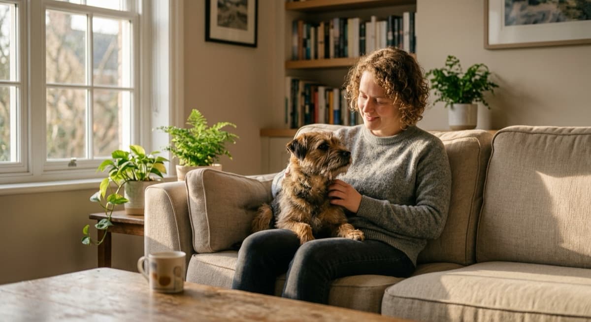 Eine Frau auf dem Sofa zu Hause mit ihrem erwachsenen Hund aus dem Tierheim, warmes Nachmittagslicht