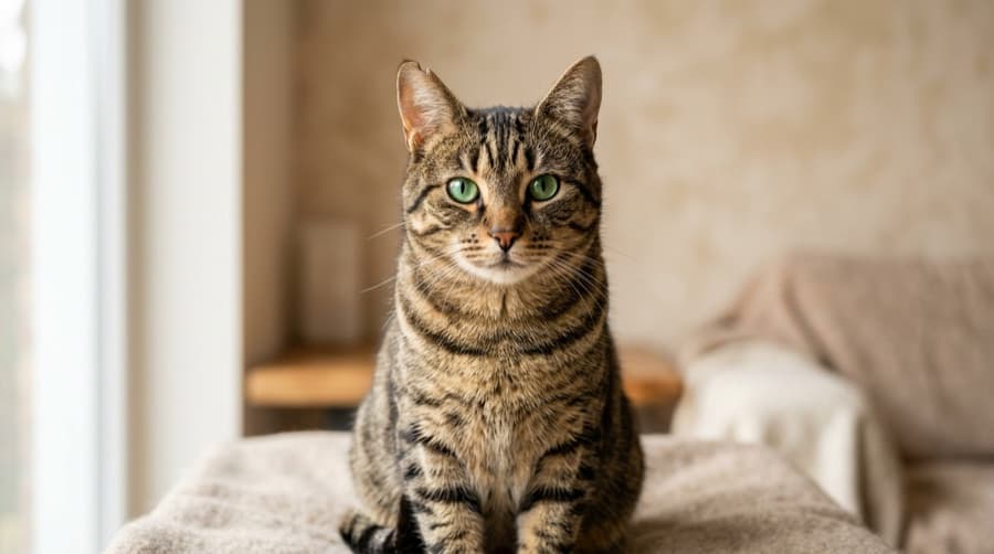 Katze aus dem Tierheim sitzt am Fenster
