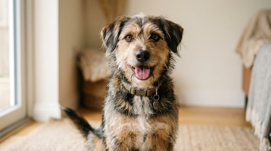 Hund aus dem Tierheim schaut in die Kamera