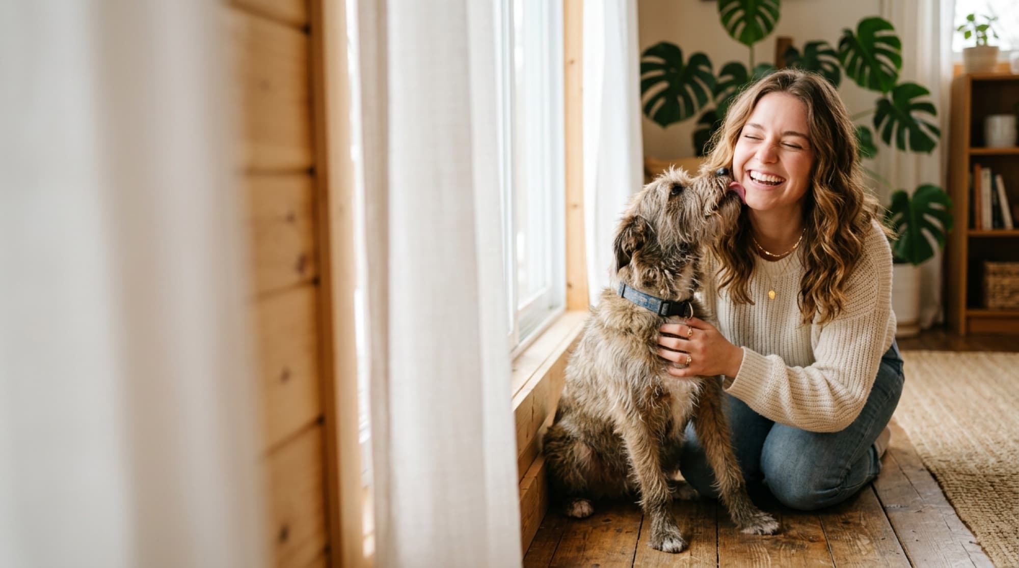 Eine Frau lacht, während ihr Hund aus dem Tierheim ihr zu Hause die Wange leckt